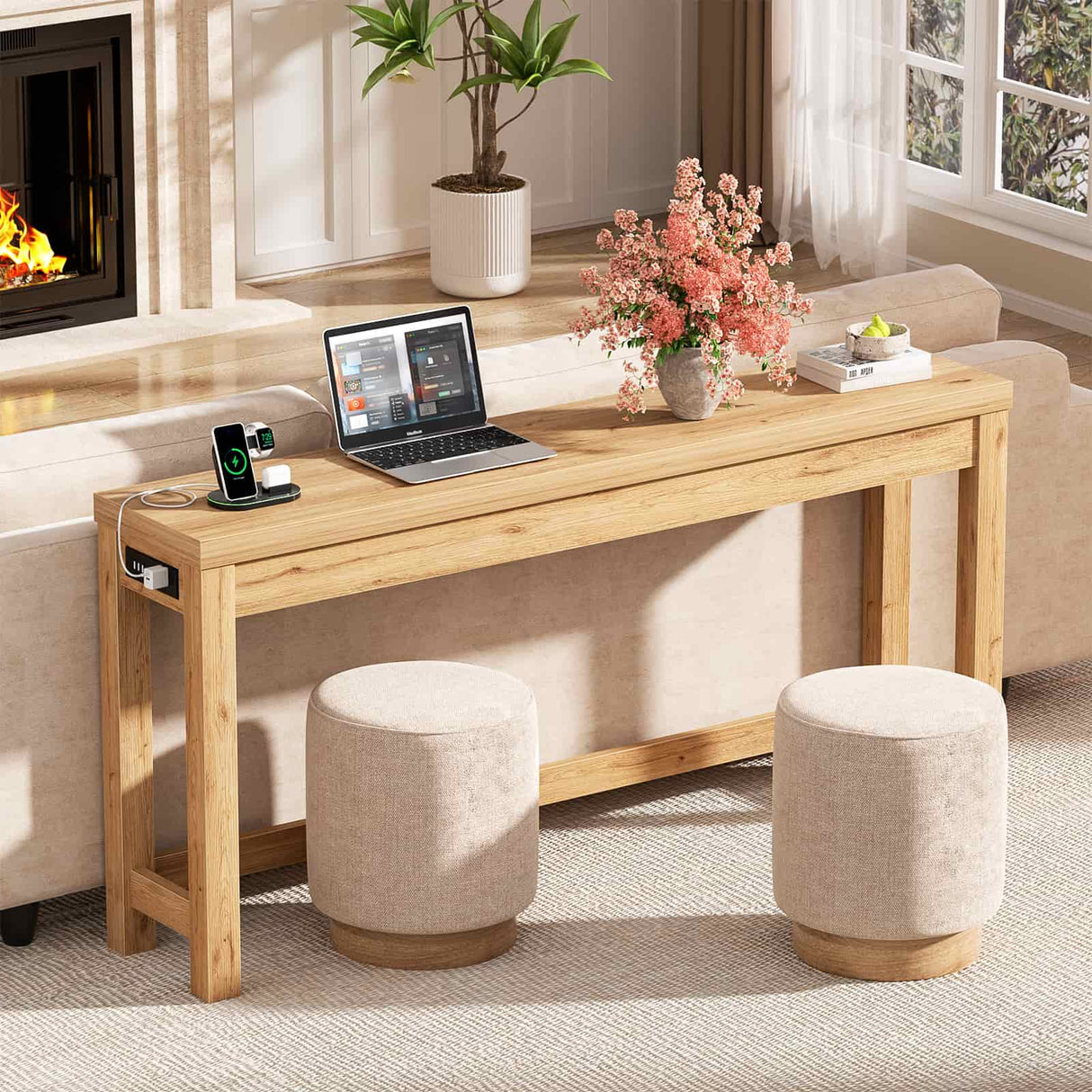 Narrow Console Table with Charging Station, Slim Sofa Table with Outlets & USB Ports, Entryway Table for Living Room & Hallway