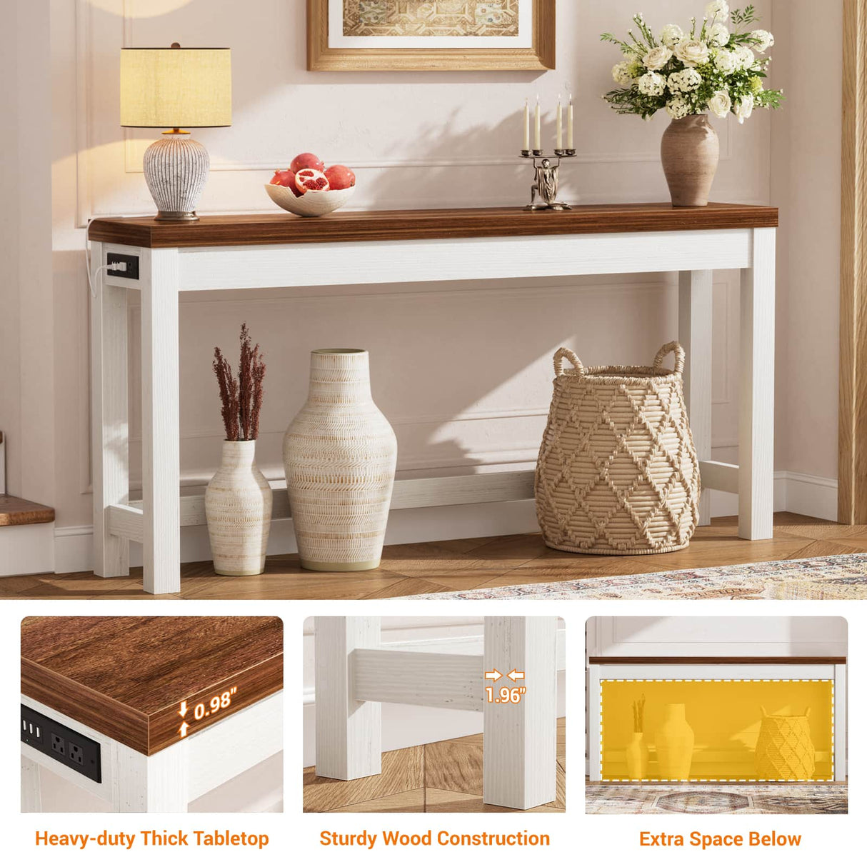 Narrow Console Table with Charging Station, Slim Sofa Table with Outlets & USB Ports, Entryway Table for Living Room & Hallway