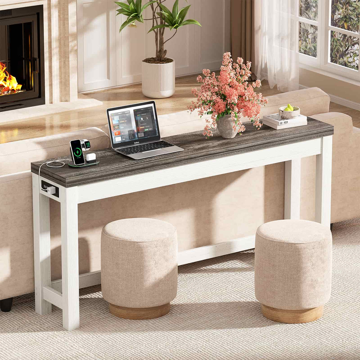 Narrow Console Table with Charging Station, Slim Sofa Table with Outlets & USB Ports, Entryway Table for Living Room & Hallway