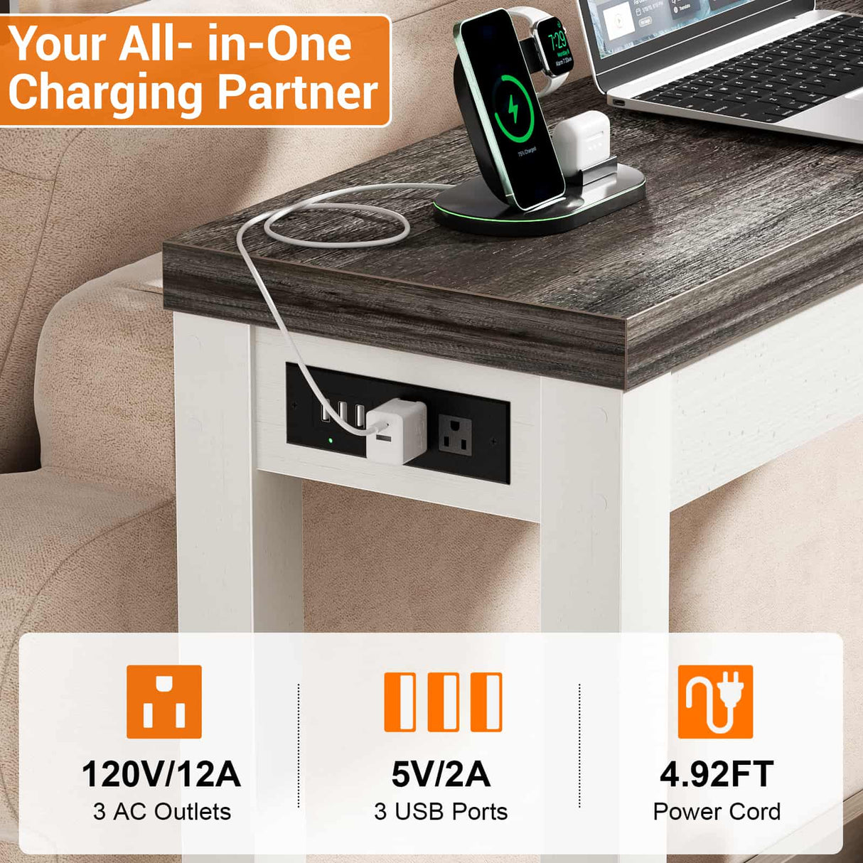 Narrow Console Table with Charging Station, Slim Sofa Table with Outlets & USB Ports, Entryway Table for Living Room & Hallway