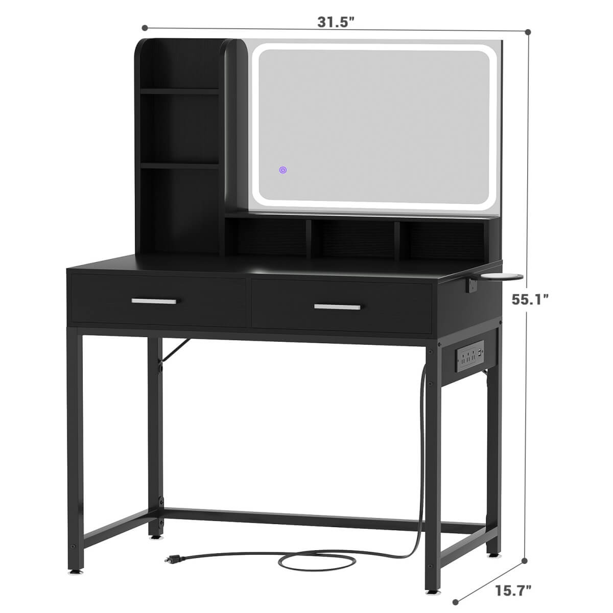 Small Vanity Desk with Dimmable Lighted Mirror, Drawers, and Power Outlet