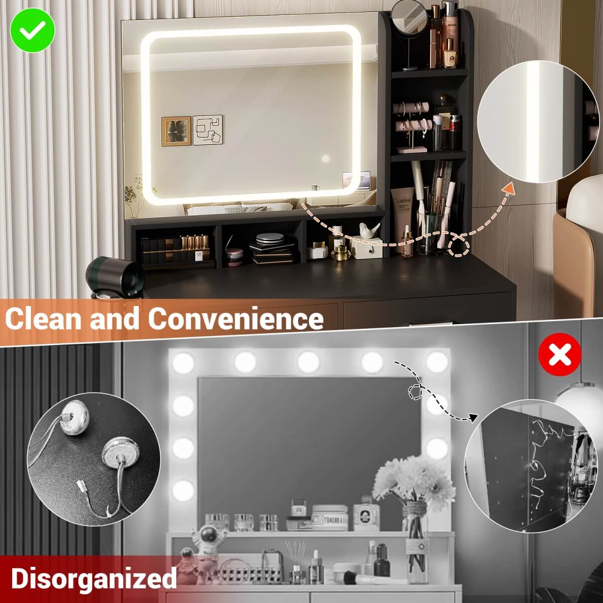 Small Vanity Desk with Dimmable Lighted Mirror, Drawers, and Power Outlet