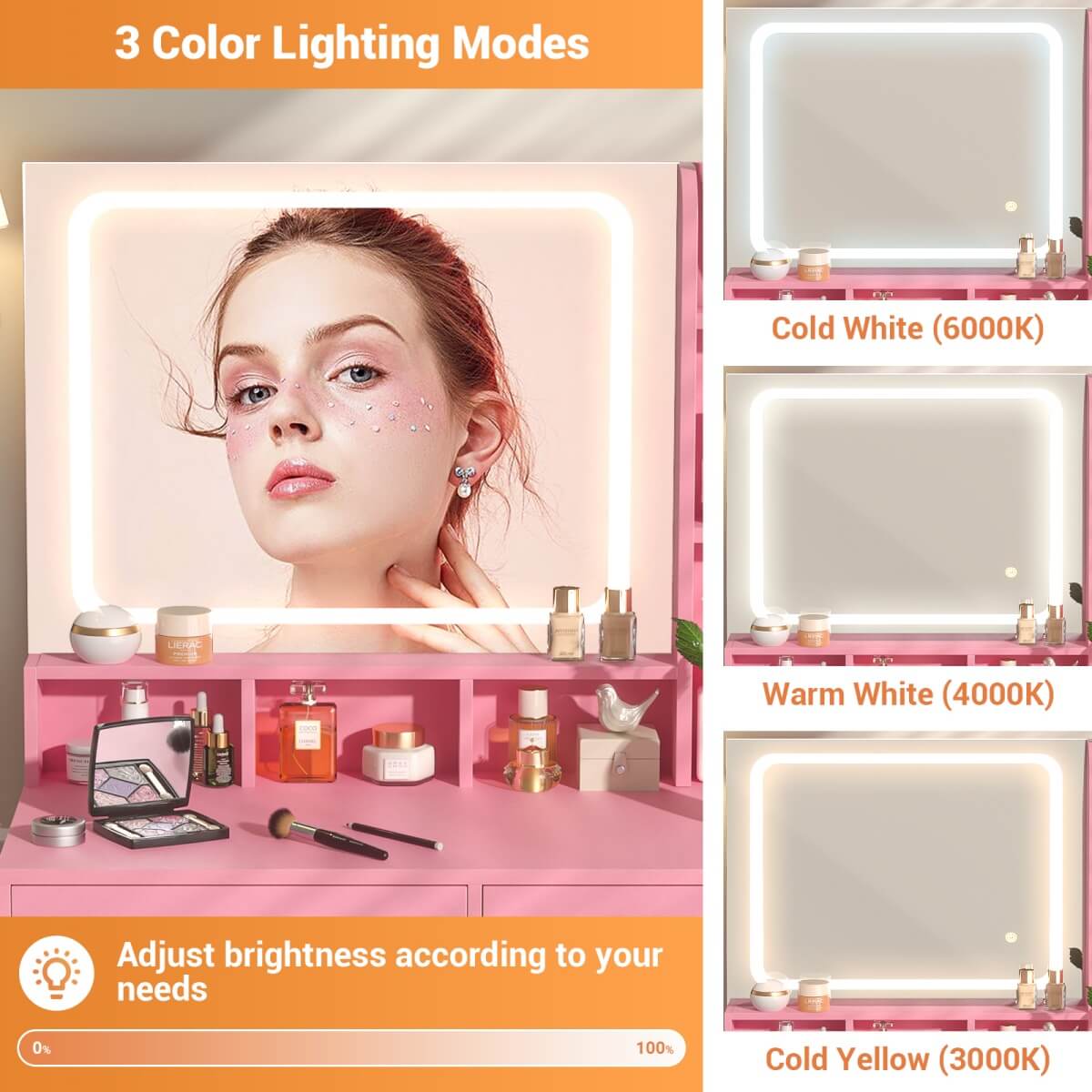 Small Vanity Desk with Dimmable Lighted Mirror, Drawers, and Power Outlet
