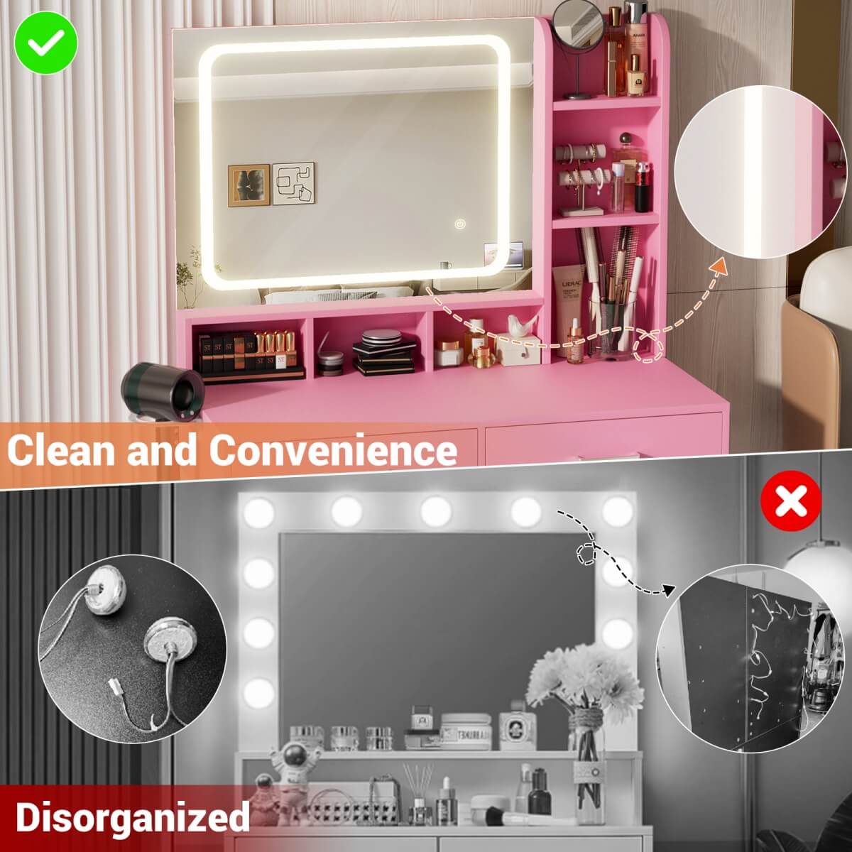 Small Vanity Desk with Dimmable Lighted Mirror, Drawers, and Power Outlet