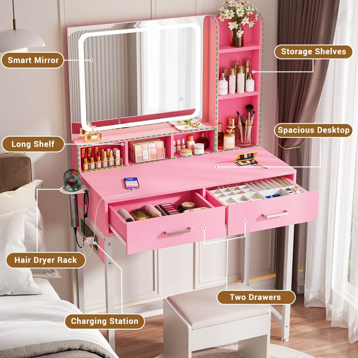 Small Vanity Desk with Dimmable Lighted Mirror, Drawers, and Power Outlet