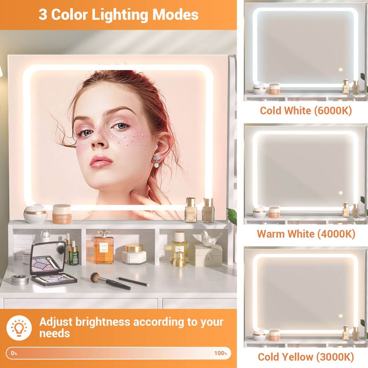 Small Vanity Desk with Dimmable Lighted Mirror, Drawers, and Power Outlet