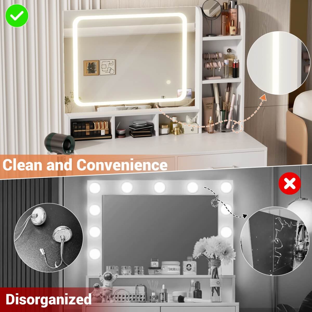 Small Vanity Desk with Dimmable Lighted Mirror, Drawers, and Power Outlet