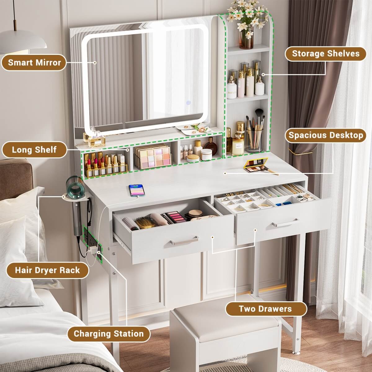 Small Vanity Desk with Dimmable Lighted Mirror, Drawers, and Power Outlet