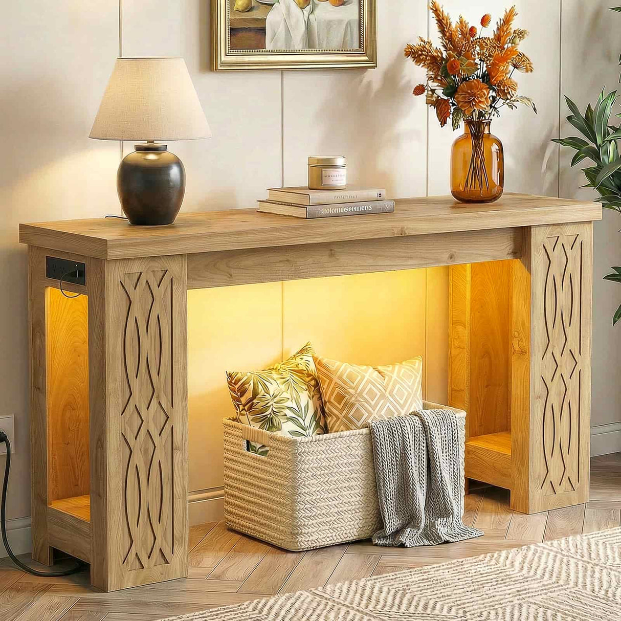 47'' Narrow Console Table with Charging Station & LED Lights, Farmhouse Sofa Table for Living Room & Hallway