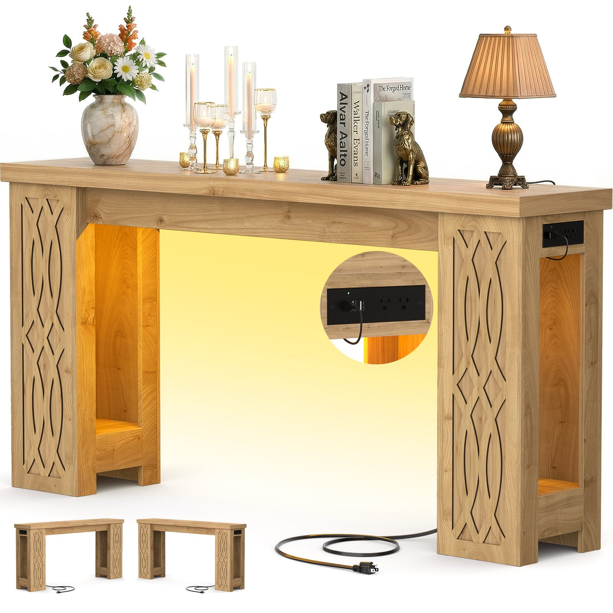 47'' Narrow Console Table with Charging Station & LED Lights, Farmhouse Sofa Table for Living Room & Hallway