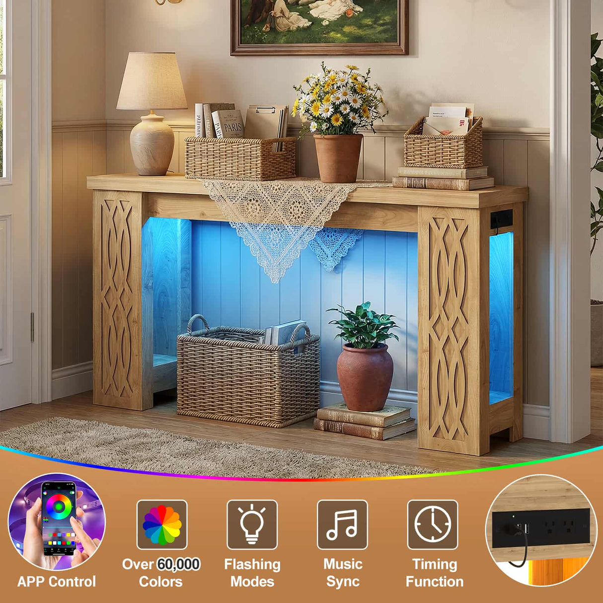 47'' Narrow Console Table with Charging Station & LED Lights, Farmhouse Sofa Table for Living Room & Hallway