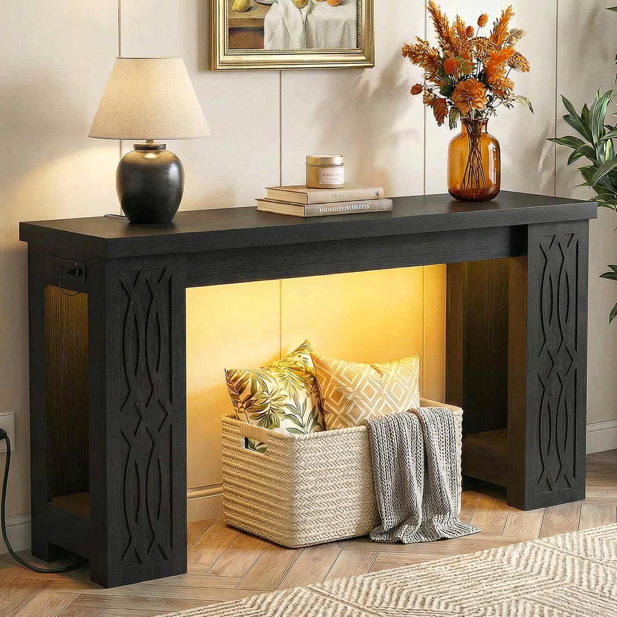 47'' Narrow Console Table with Charging Station & LED Lights, Farmhouse Sofa Table for Living Room & Hallway