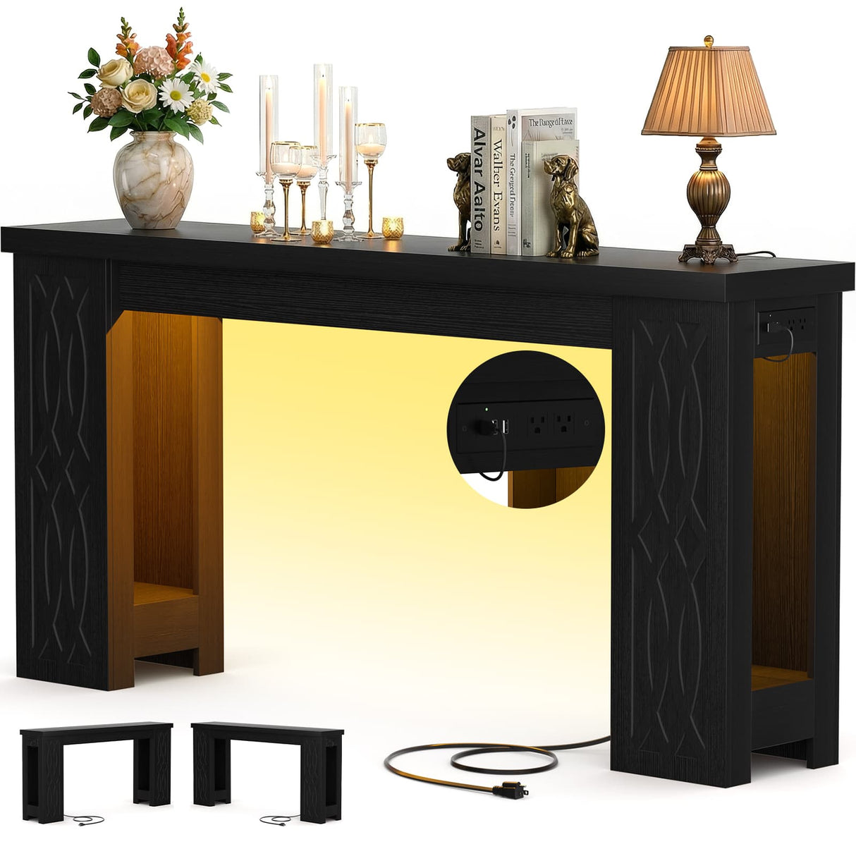 47'' Narrow Console Table with Charging Station & LED Lights, Farmhouse Sofa Table for Living Room & Hallway