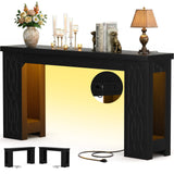 47'' Narrow Console Table with Charging Station & LED Lights, Farmhouse Sofa Table for Living Room & Hallway