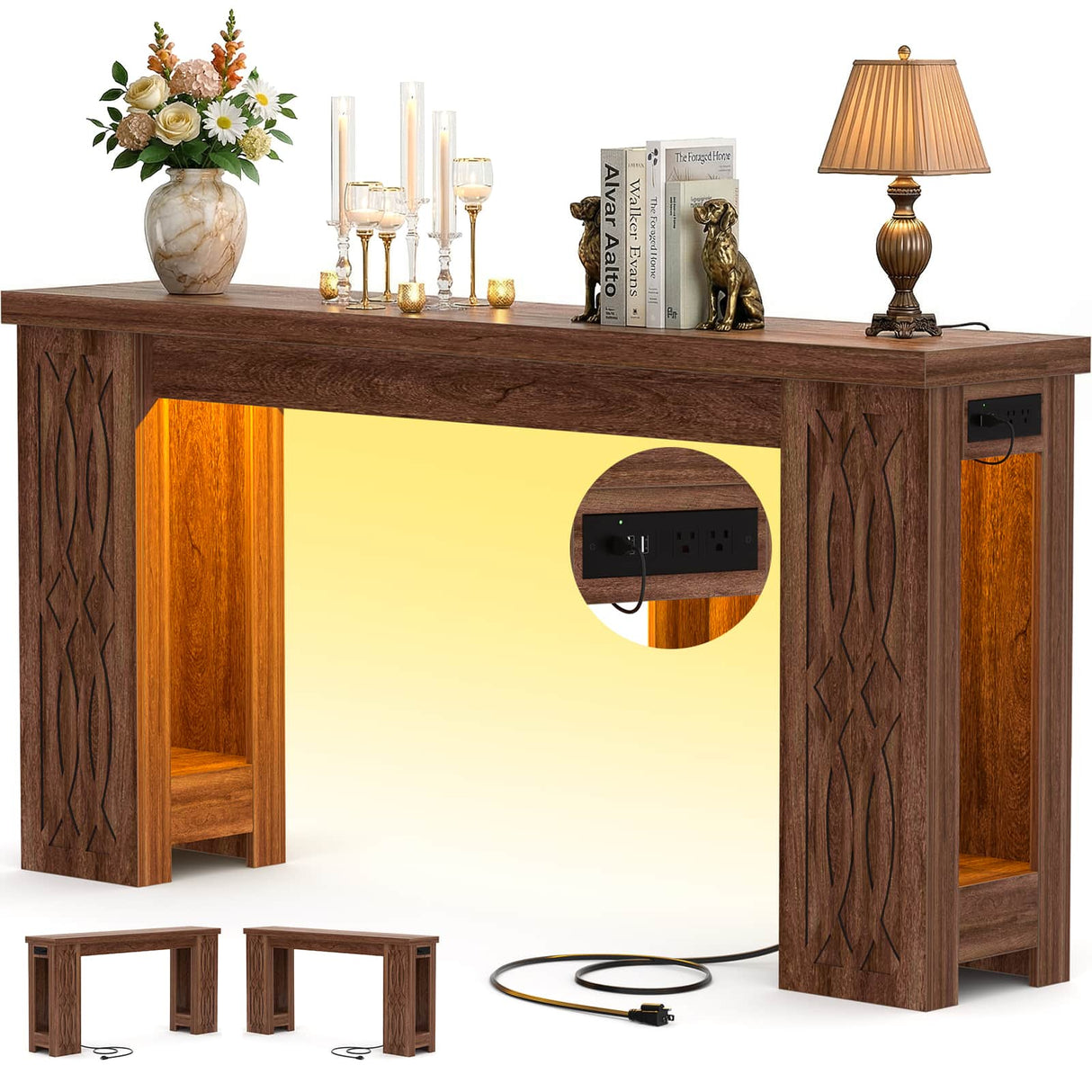 47'' Narrow Console Table with Charging Station & LED Lights, Farmhouse Sofa Table for Living Room & Hallway