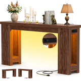 47'' Narrow Console Table with Charging Station & LED Lights, Farmhouse Sofa Table for Living Room & Hallway