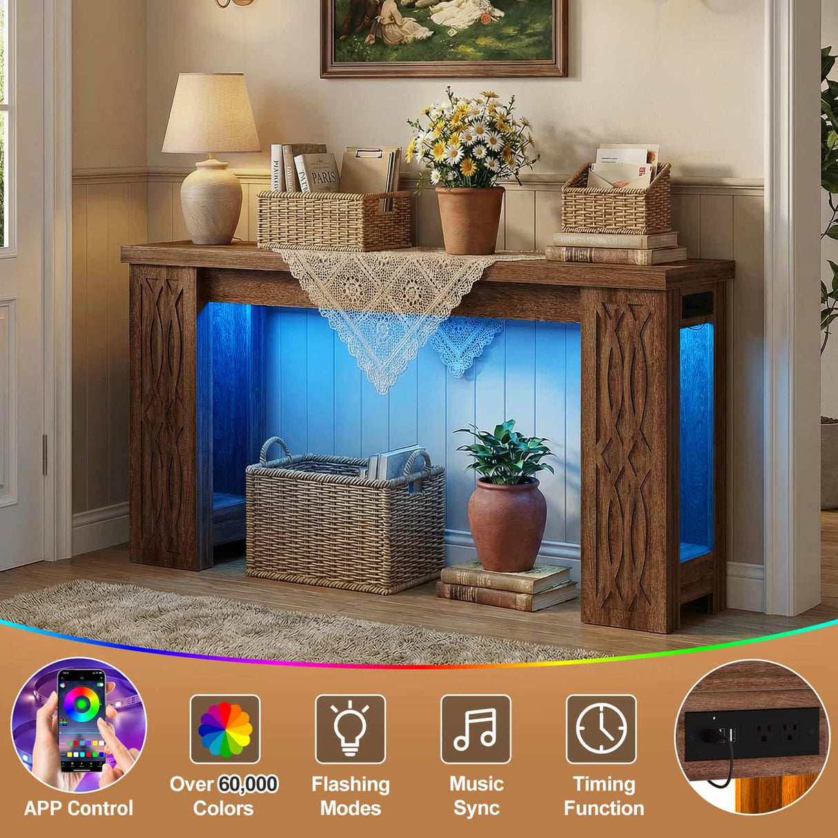 47'' Narrow Console Table with Charging Station & LED Lights, Farmhouse Sofa Table for Living Room & Hallway