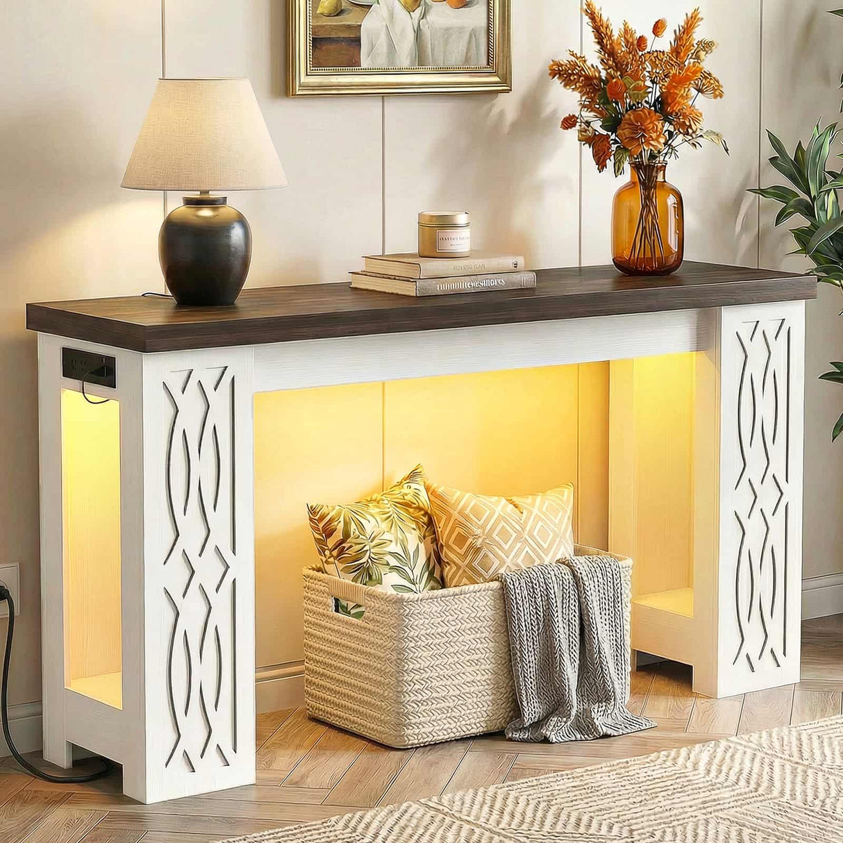 47'' Narrow Console Table with Charging Station & LED Lights, Farmhouse Sofa Table for Living Room & Hallway