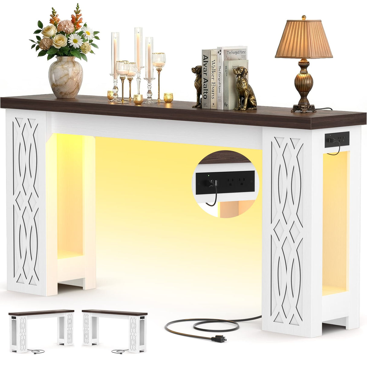 47'' Narrow Console Table with Charging Station & LED Lights, Farmhouse Sofa Table for Living Room & Hallway