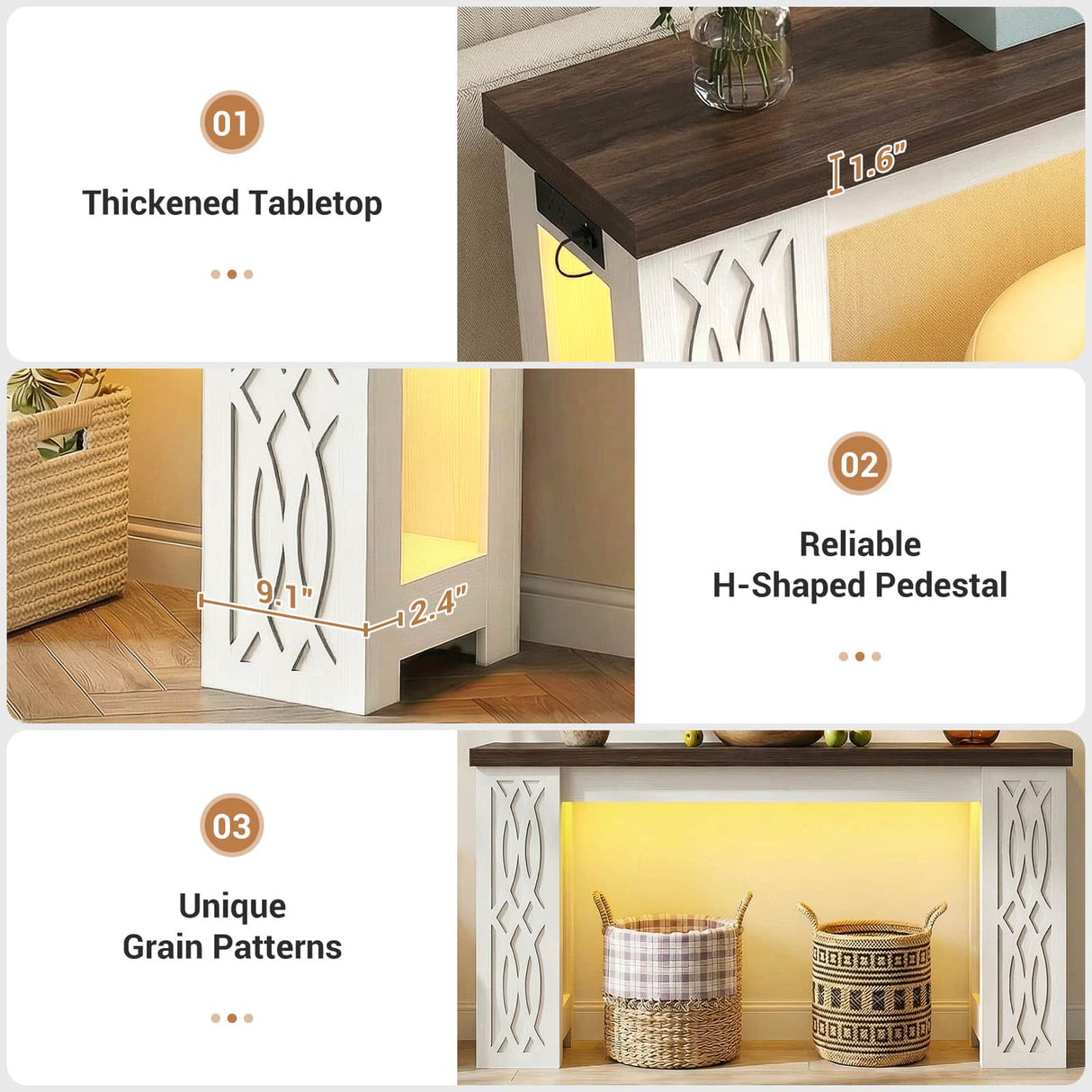 47'' Narrow Console Table with Charging Station & LED Lights, Farmhouse Sofa Table for Living Room & Hallway