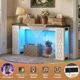 47'' Narrow Console Table with Charging Station & LED Lights, Farmhouse Sofa Table for Living Room & Hallway