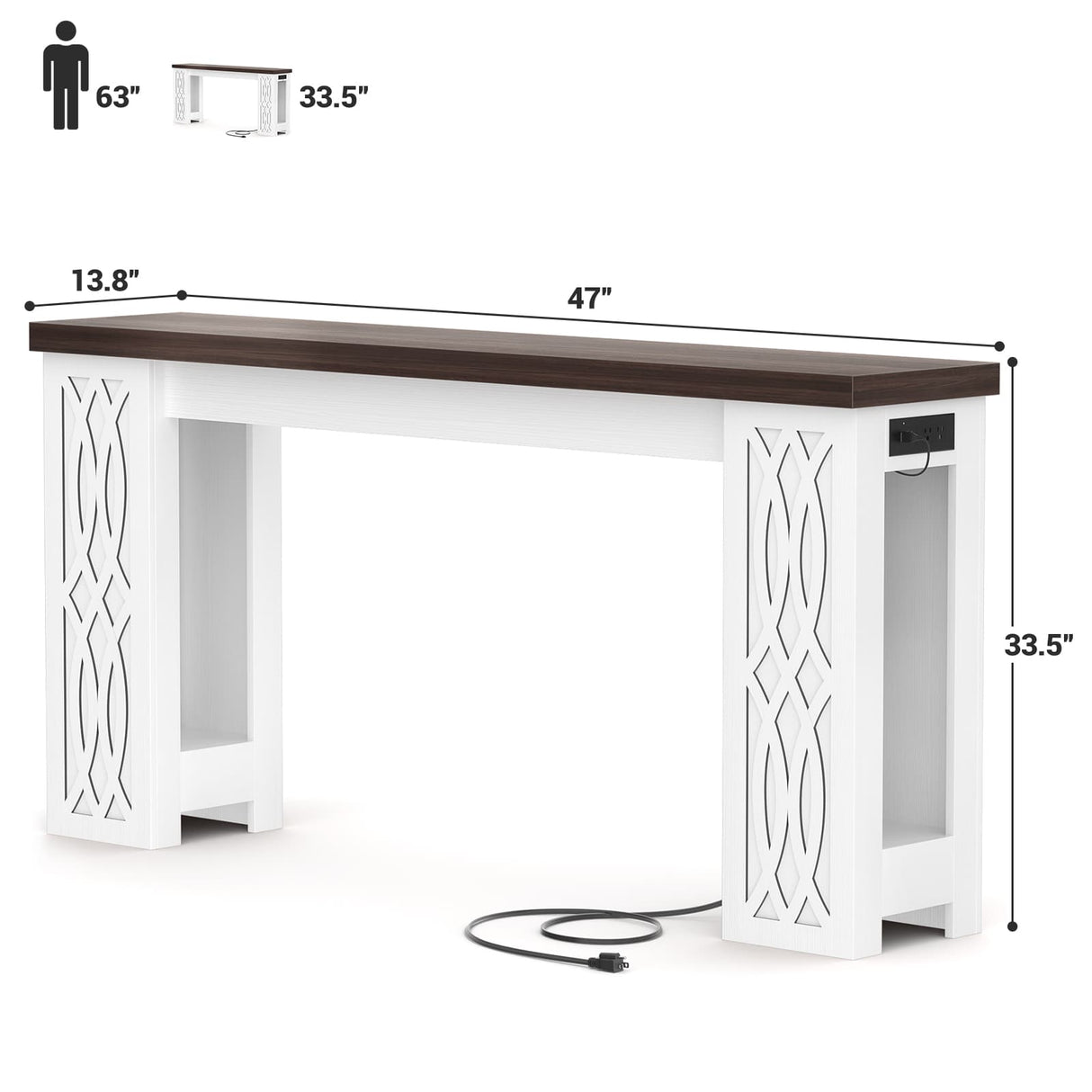 47'' Narrow Console Table with Charging Station & LED Lights, Farmhouse Sofa Table for Living Room & Hallway