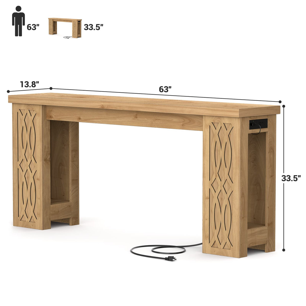 63'' Farmhouse Console Table with Charging Station and LED Lights, Narrow Entryway Table for Home