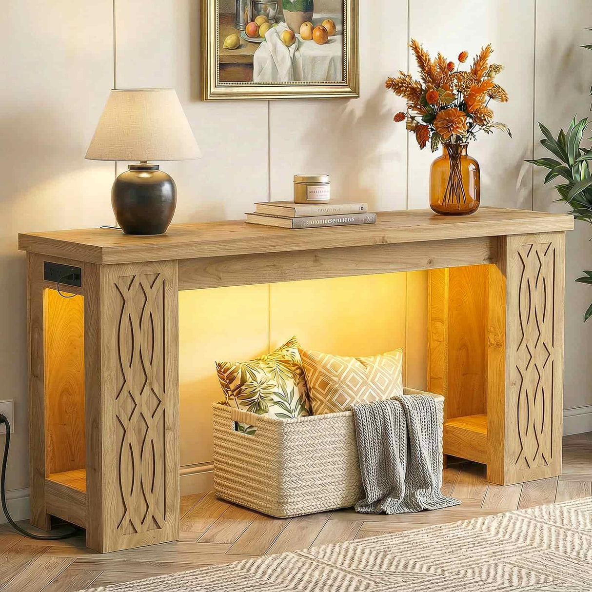 63'' Farmhouse Console Table with Charging Station and LED Lights, Narrow Entryway Table for Home