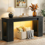 63'' Farmhouse Console Table with Charging Station and LED Lights, Narrow Entryway Table for Home