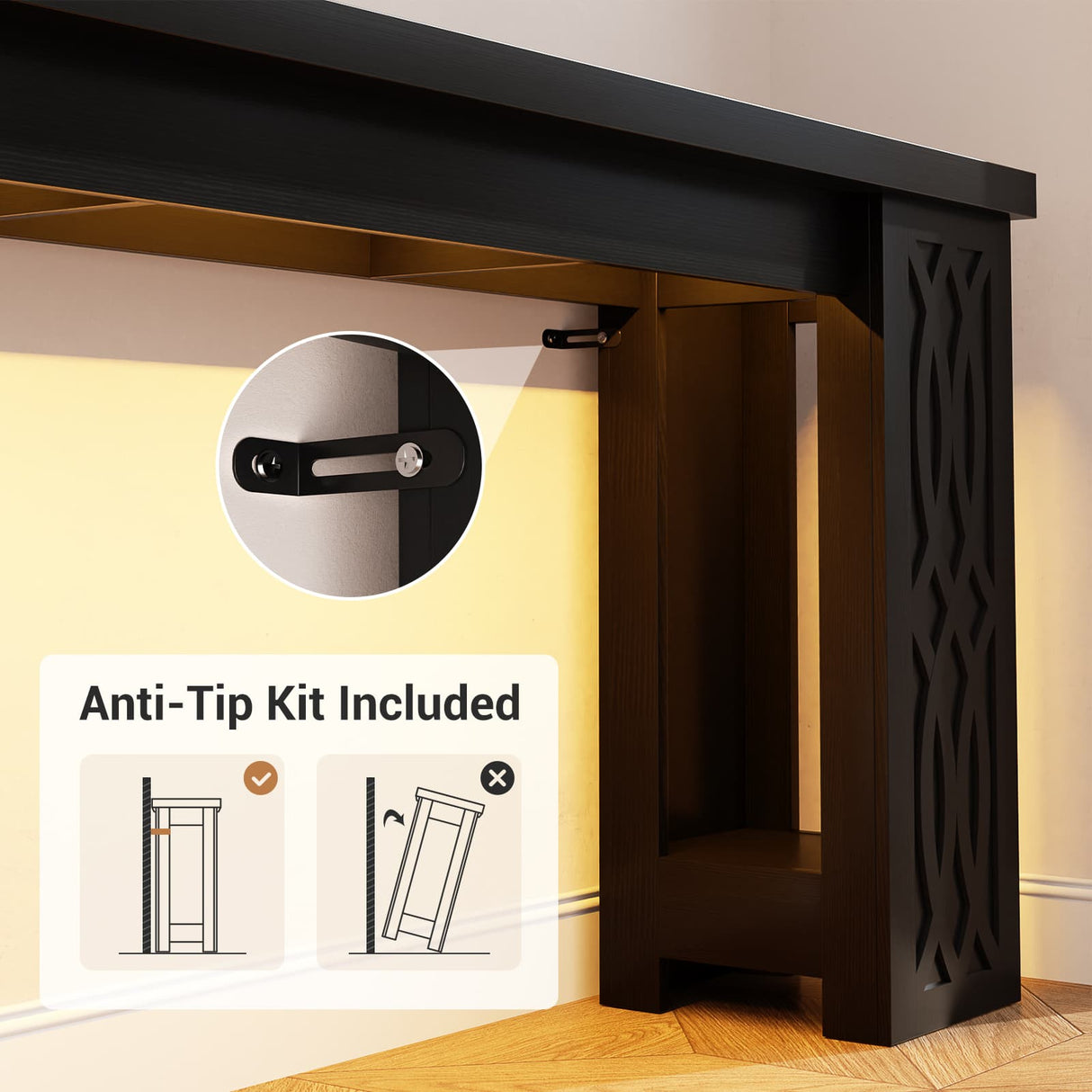 63'' Farmhouse Console Table with Charging Station and LED Lights, Narrow Entryway Table for Home