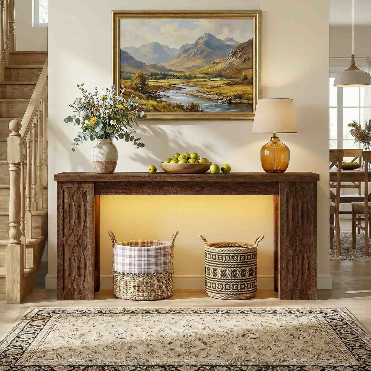 63'' Farmhouse Console Table with Charging Station and LED Lights, Narrow Entryway Table for Home