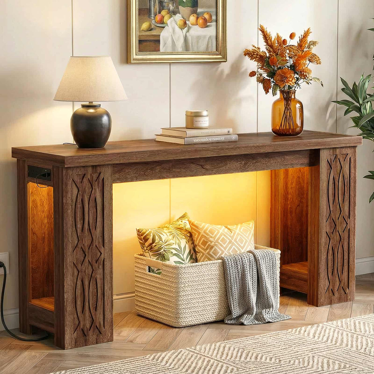 63'' Farmhouse Console Table with Charging Station and LED Lights, Narrow Entryway Table for Home