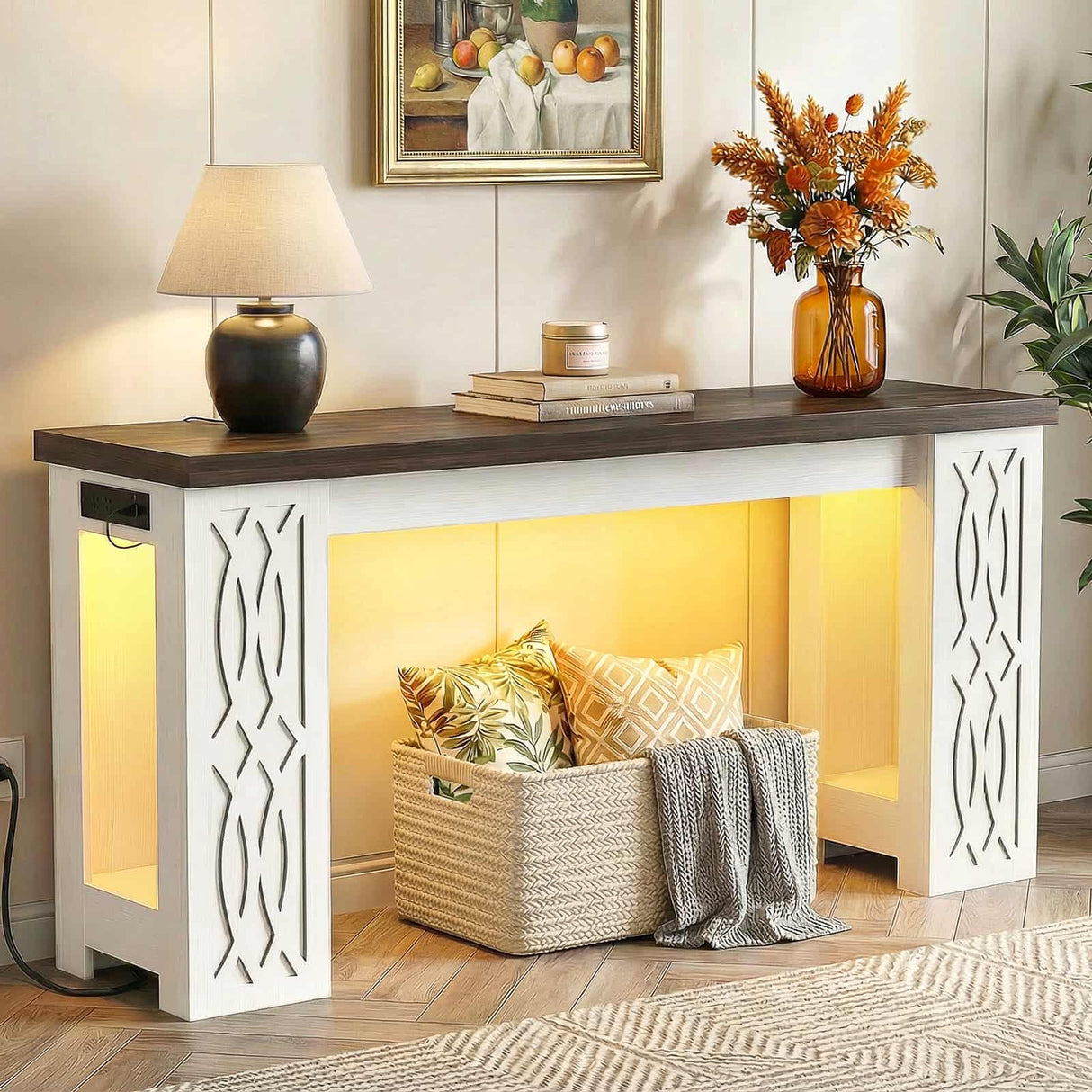 63'' Farmhouse Console Table with Charging Station and LED Lights, Narrow Entryway Table for Home