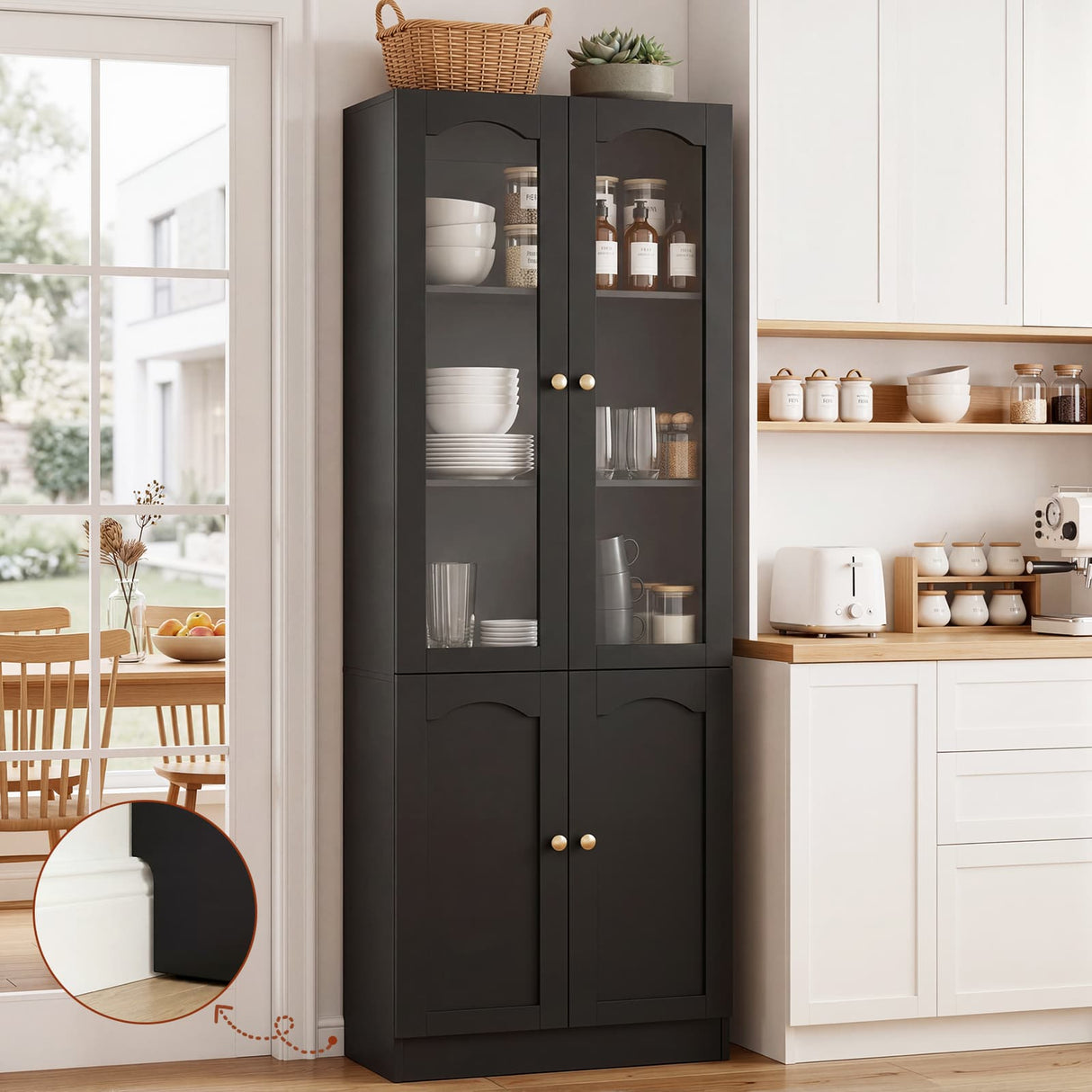 80" Tall Pantry Cabinet with 4 Doors, Kitchen Storage Cabinet with Built-in Baseboard Notch & Adjustable Shelves