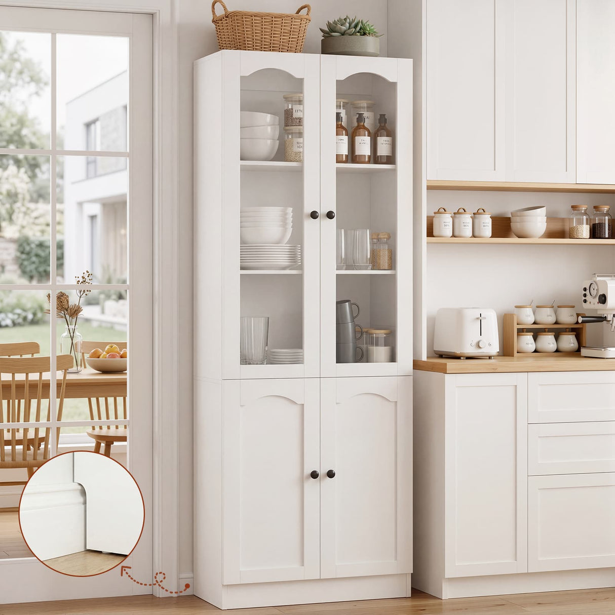 80" Tall Pantry Cabinet with 4 Doors, Kitchen Storage Cabinet with Built-in Baseboard Notch & Adjustable Shelves