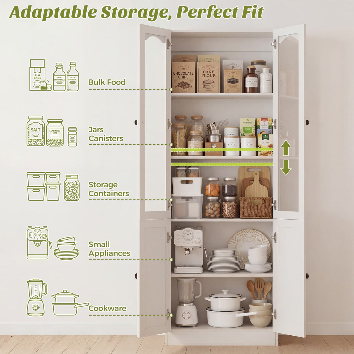 80" Tall Pantry Cabinet with 4 Doors, Kitchen Storage Cabinet with Built-in Baseboard Notch & Adjustable Shelves