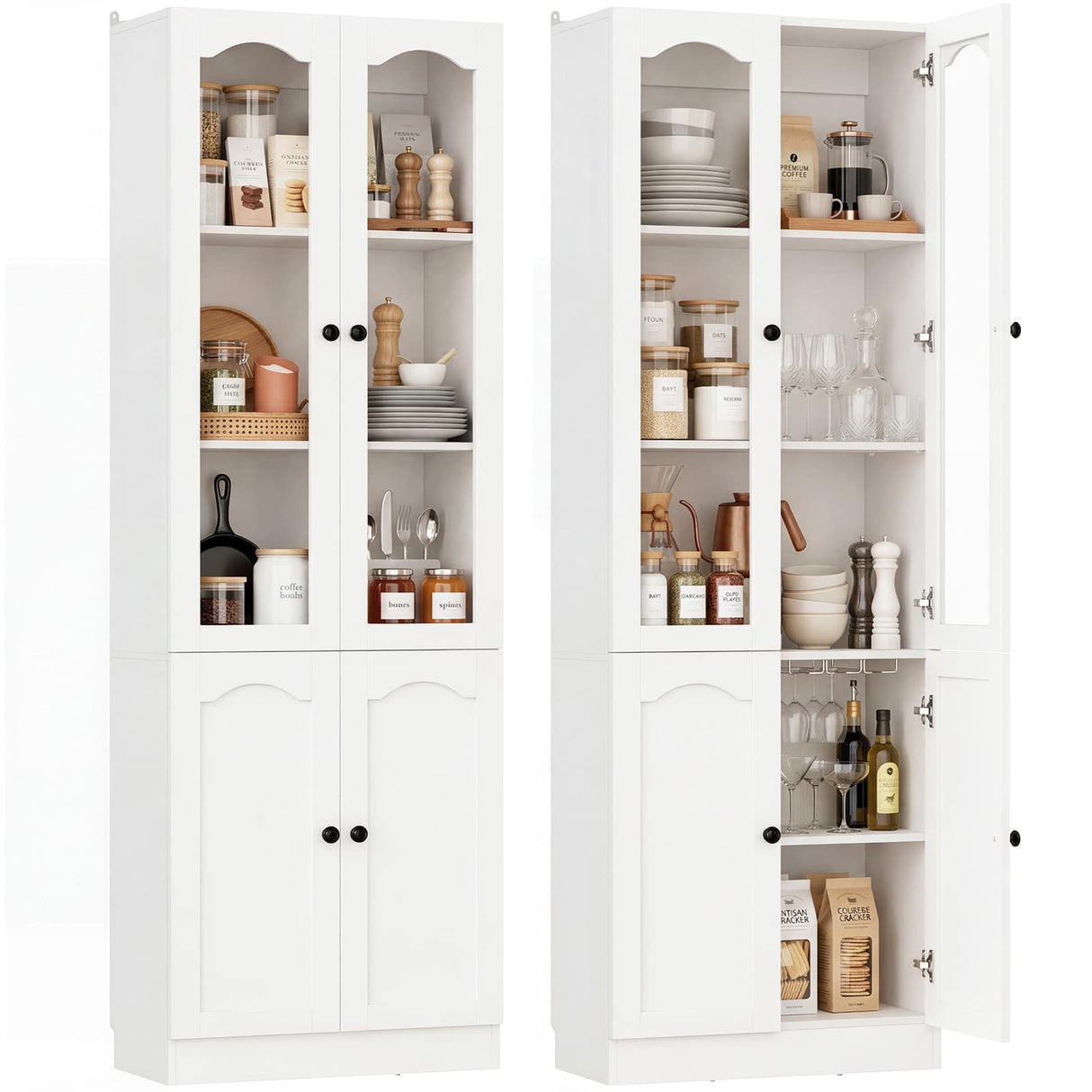 80" Tall Pantry Cabinet with 4 Doors, Kitchen Storage Cabinet with Built-in Baseboard Notch & Adjustable Shelves
