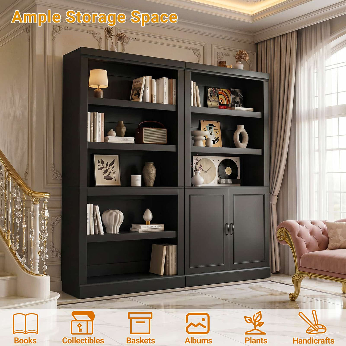 Double Wide Bookshelf, 71 Inch Tall Book Case with Storage Cabinet, 5 Tier Bookshelves and Bookcases