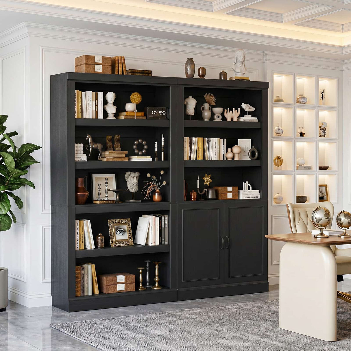 Double Wide Bookshelf, 71 Inch Tall Book Case with Storage Cabinet, 5 Tier Bookshelves and Bookcases
