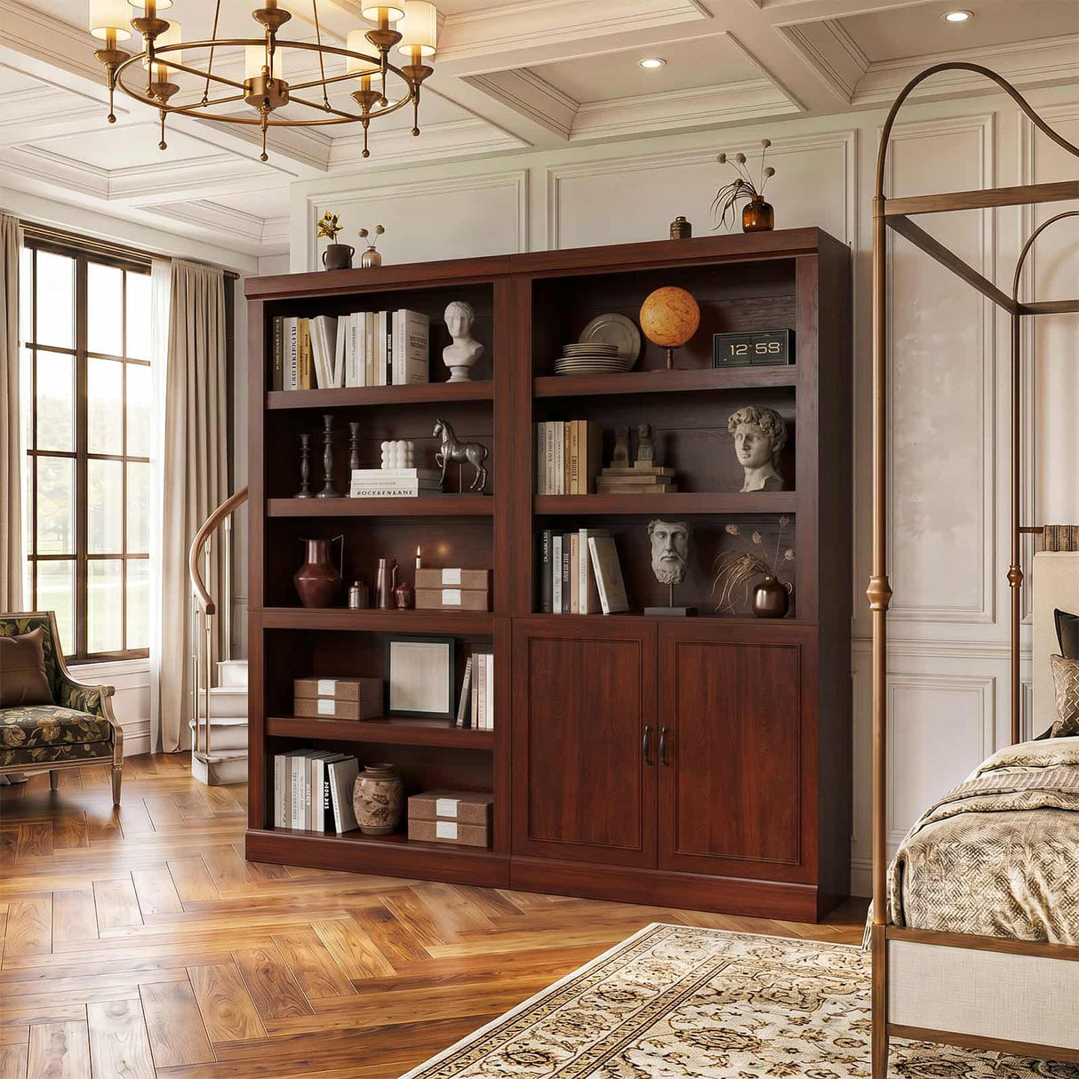 Double Wide Bookshelf, 71 Inch Tall Book Case with Storage Cabinet, 5 Tier Bookshelves and Bookcases