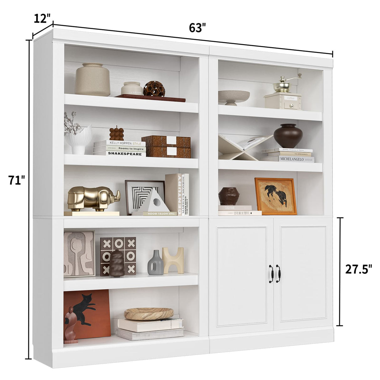 Double Wide Bookshelf, 71 Inch Tall Book Case with Storage Cabinet, 5 Tier Bookshelves and Bookcases