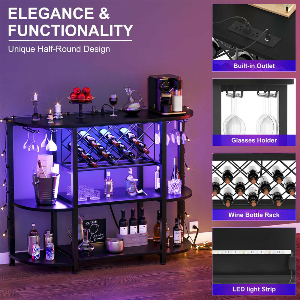 Unikito 4 Tier Metal Coffee Bar Cabinet with Outlet and LED Light Freestanding Floor Bar Table for Liquor with Glass Holder and Wine Storage Wine