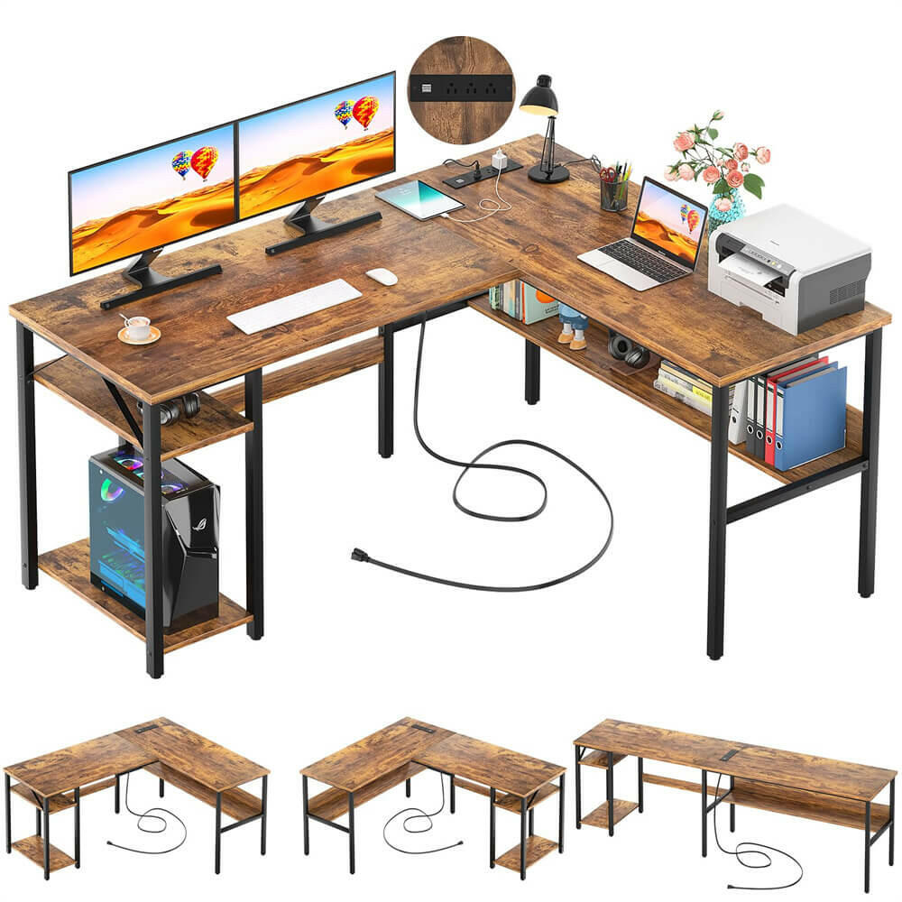 Unikito Reversible L Shaped Desk with Magic Power Outlets and USB Charging Ports Sturdy Corner Computer Desk with Storage Shelv