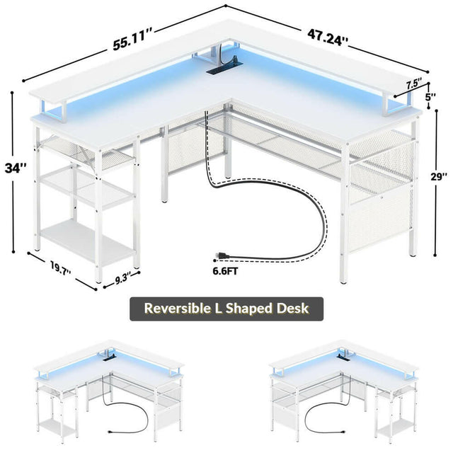 Unikito Reversible L Shaped Desk with LED Light Strip, Power Outlets,