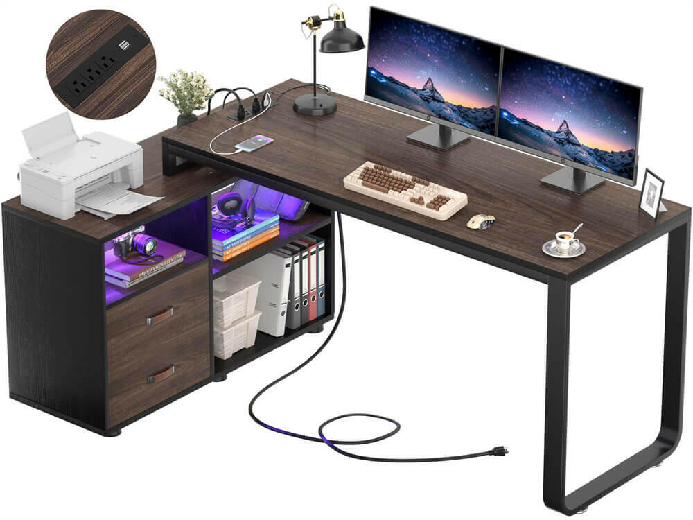 Unikito L Shaped Desk with File Cabinet Power Outlet Reversible 55 inch Large Corner Computer Desks with LED Strip L Shaped Computer Desk with