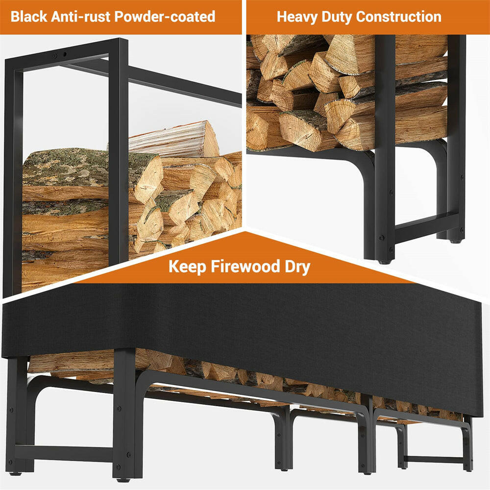 Unikito 8ft Firewood Rack Outdoor with Cover Combo Set Waterproof, Heavy Duty Steel Stack Organizer, Black