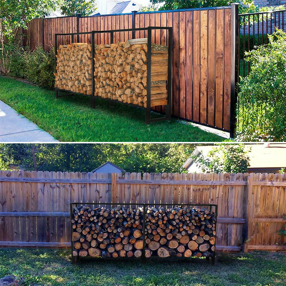 Unikito 8ft Firewood Rack Outdoor with Cover Combo Set Waterproof, Heavy Duty Steel Stack Organizer, Black