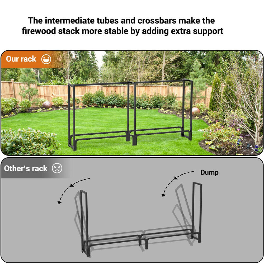 Unikito 8ft Firewood Rack Outdoor with Cover Combo Set Waterproof, Heavy Duty Steel Stack Organizer, Black