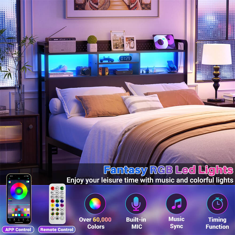 Unikito Headboard for Full Size Bed with Storage Shelf Head Board with 3 Outlets and 2 USB Ports Headboards with RGB LED Light Height Adjustable