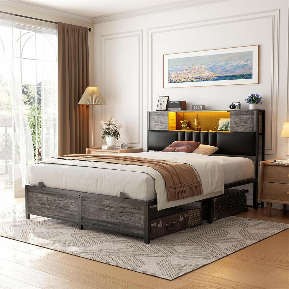 Unikito Full Bed Frame with Storage and Charging Station Full Size Bed with Upholstered Headboard and Cabinet Metal Platform Bed Frame Steel Slat